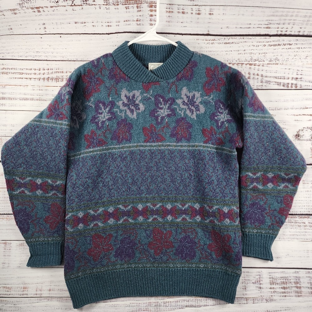 Laura Ashley Teal Blue Purple Floral Knit Sweater